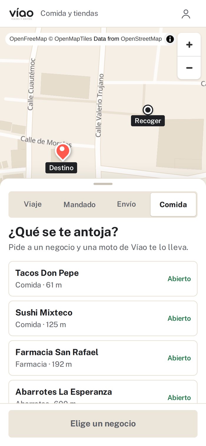 La pestaña Comida con los negocios abiertos cerca