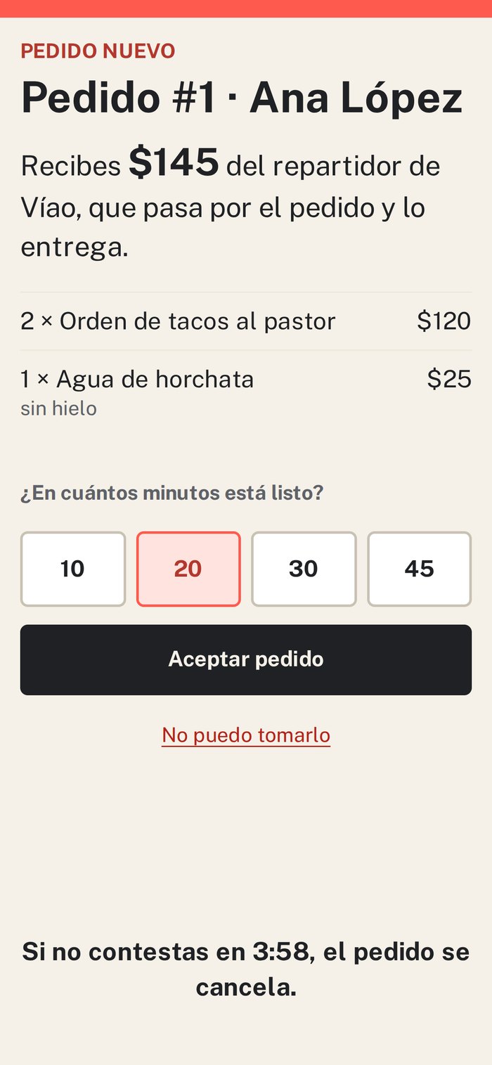 App de negocio con un pedido nuevo